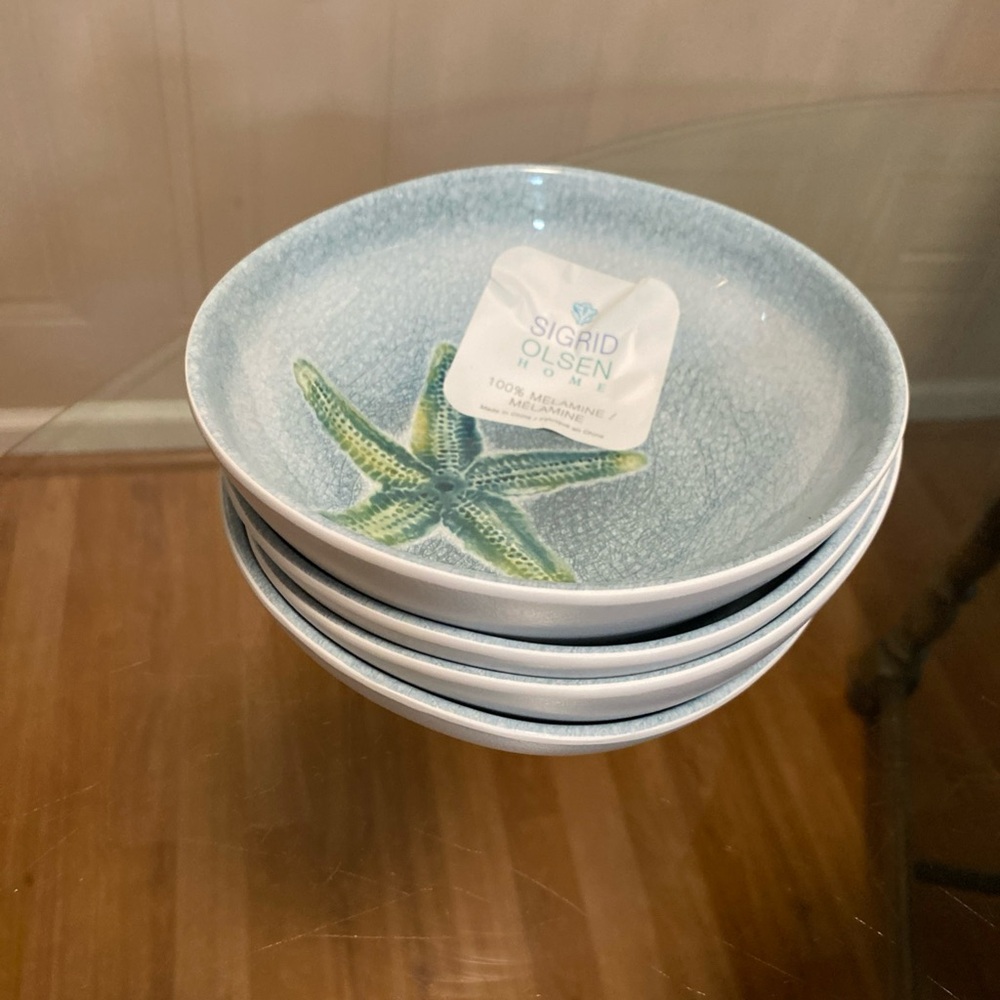 Sigrid Olsen Starfish Bowl Plates Melamine 4pc Set New Beach Ocean 6.5”